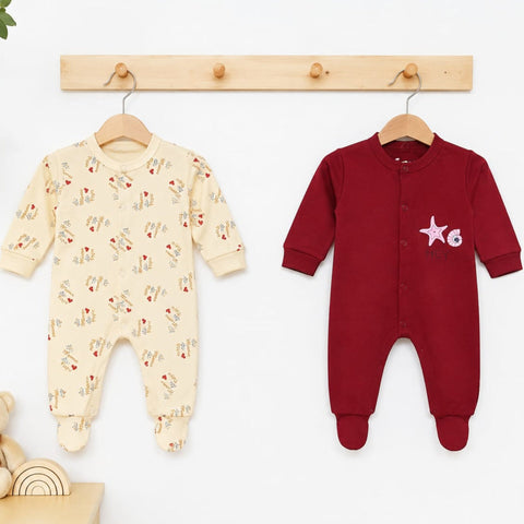Close Feet Rompers - Pack of 2 - Maroon & Skin - Mama Papa - TBS