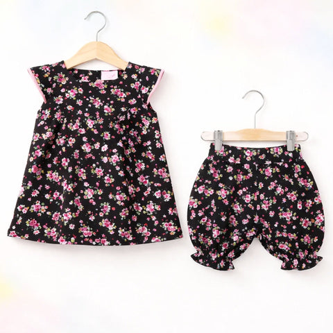 PR - 3 Pieces - Frock Set - Black - White Flowers