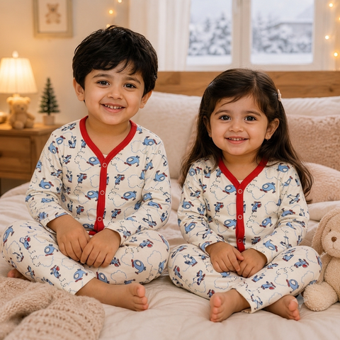 Two children sitting on a bed wearing matching holiday-themed pajamas with a blue snowman pattern on a cream background and red trim.