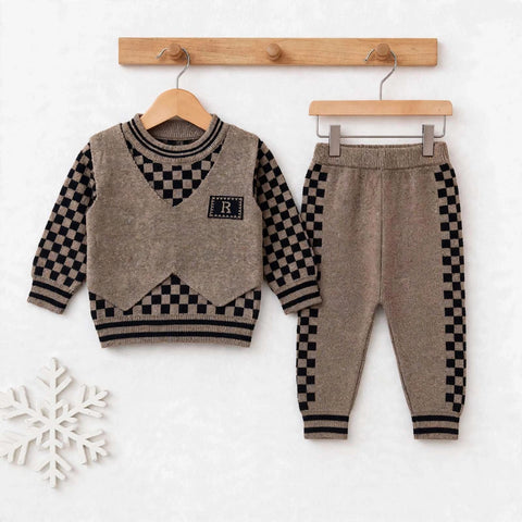Imported Wool Baby Suit Set – Shirt & Trouser Brown Check | Winter Clothing Set | 0–2 Years