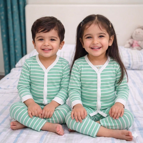 TBS - Cotton Jersey - Night Suit - Green - Stripes - 26