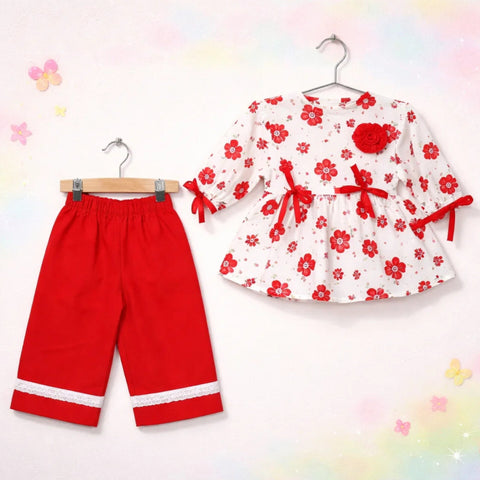 AG - 2 Pieces - Frock Set - Red - Flower & Leaves