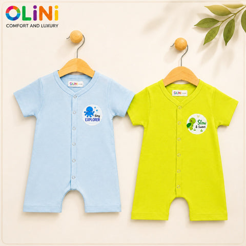 OLINI - Cotton Jersey - Pack of 2 - Short Leg Rompers - Lemon & Sky - NUJ