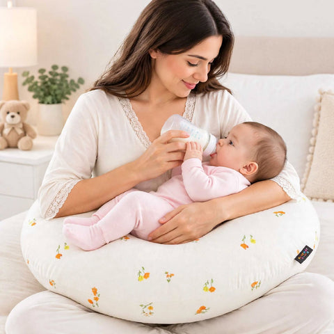 A woman in a white lace-trimmed top holds a baby in a pink footed sleeper on a floral nursing pillow while feeding the baby with a bottle in a softly lit bedroom.