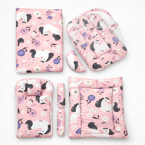 8 Pieces - Cotton Bedding Set - Pink - Unicorn & Flowers - 26