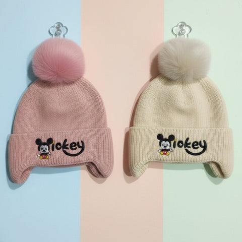 Pack of 2 Woolen Baby Caps – Skin & Pink | Pom Mickey | 6–18 Months